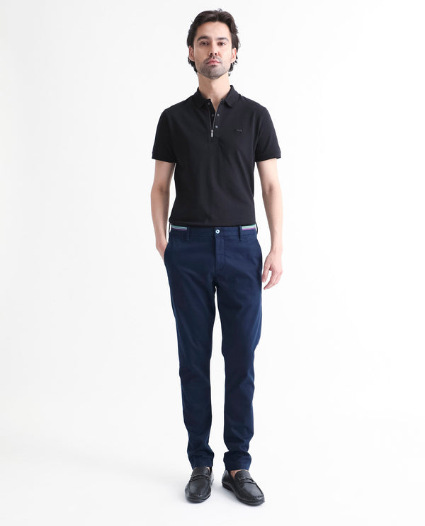 Rare Rabbit Men's Trellis Navy Solid Mid-Rise Regular Fit Stretch Trouser