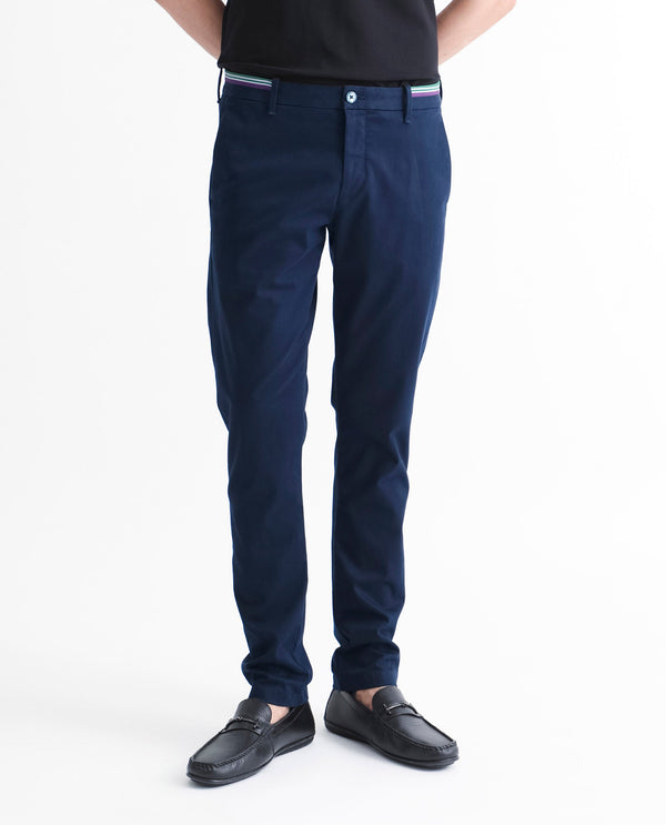 Rare Rabbit Men's Trellis Navy Solid Mid-Rise Regular Fit Stretch Trouser