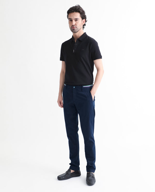 Rare Rabbit Men's Trellis Navy Solid Mid-Rise Regular Fit Stretch Trouser