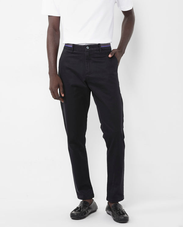 Rare Rabbit Mens Trello Black Cotton Lycra Regular Fit Solid Trouser