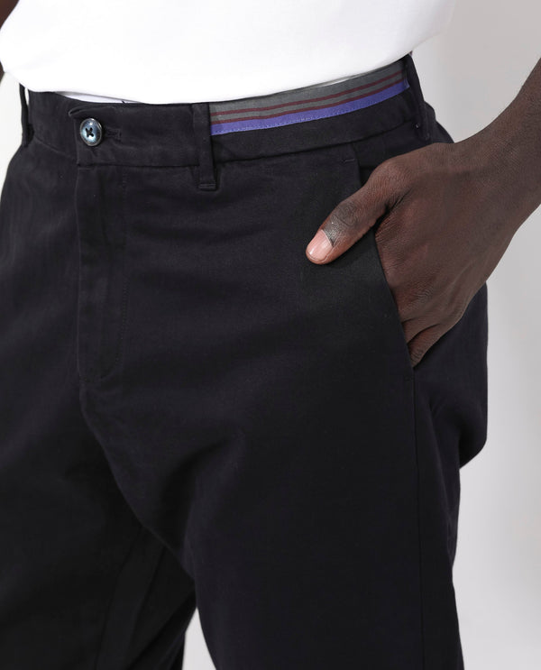 Rare Rabbit Mens Trello Black Cotton Lycra Regular Fit Solid Trouser