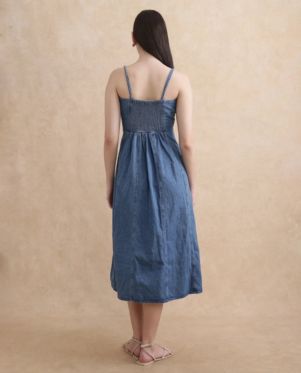 Rareism Women Trevo Blue Cotton Fabric Regular Fit Plain Dress