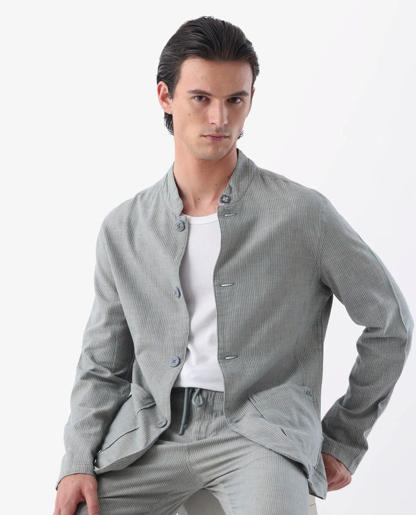 Rare Rabbit Men's Trex Green Linen Blend Mandarin Collar Striped Jacket