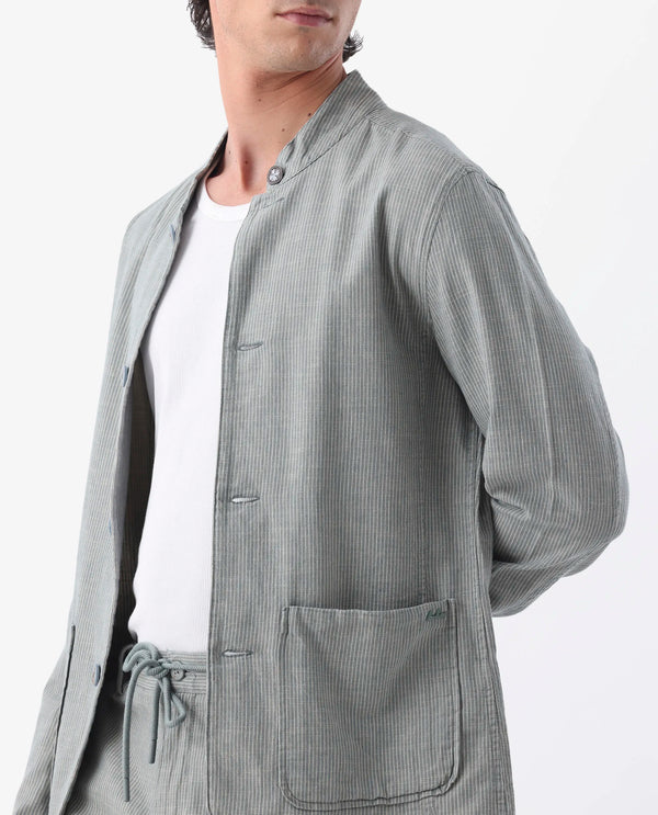 Rare Rabbit Men's Trex Green Linen Blend Mandarin Collar Striped Jacket