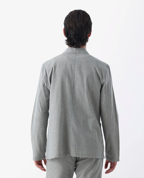 Rare Rabbit Men's Trex Green Linen Blend Mandarin Collar Striped Jacket