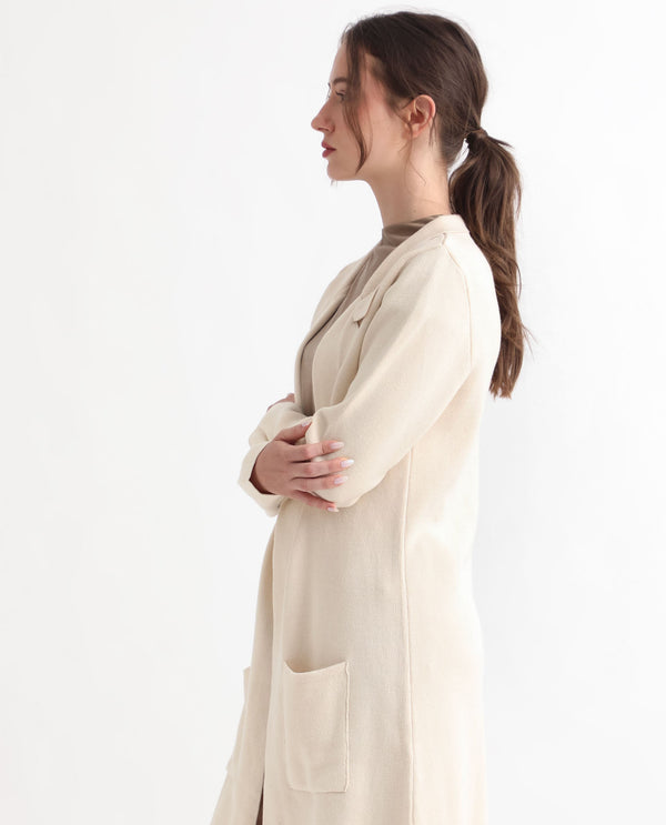 Rareism Women Trident Beige Cotton Fabric Full Sleeves Knee Length Regular Fit Solid Lapel Neck Sweater