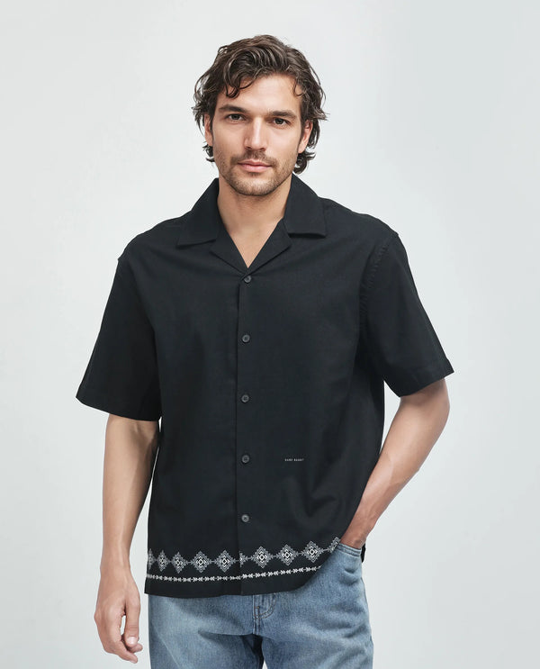 Rare Rabbit Men's Tirk Black Cotton Fabric Short Sleeve Collared Neck Button Closure Embroiderd Shirt