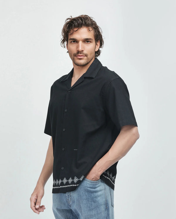 Rare Rabbit Men's Tirk Black Cotton Fabric Short Sleeve Collared Neck Button Closure Embroiderd Shirt