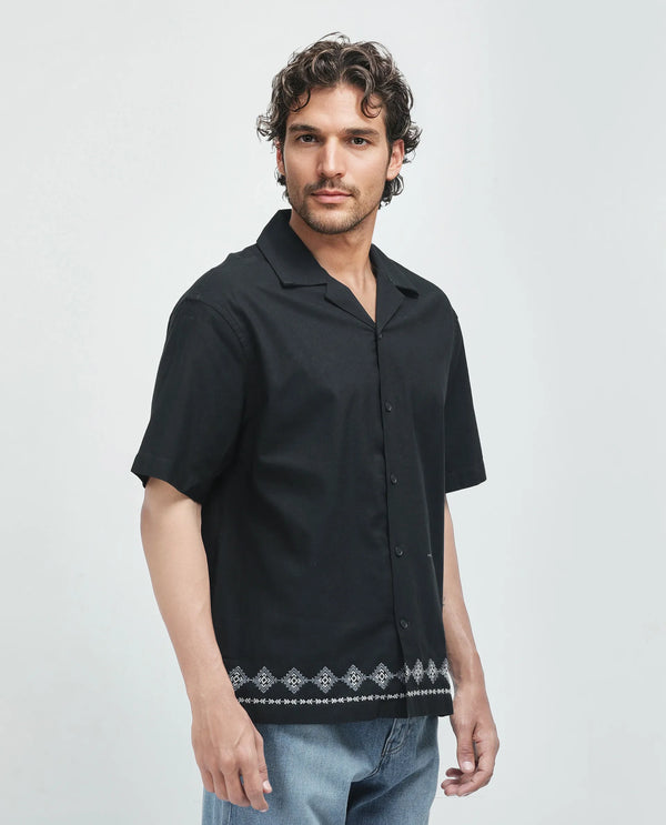 Rare Rabbit Men's Tirk Black Cotton Fabric Short Sleeve Collared Neck Button Closure Embroiderd Shirt