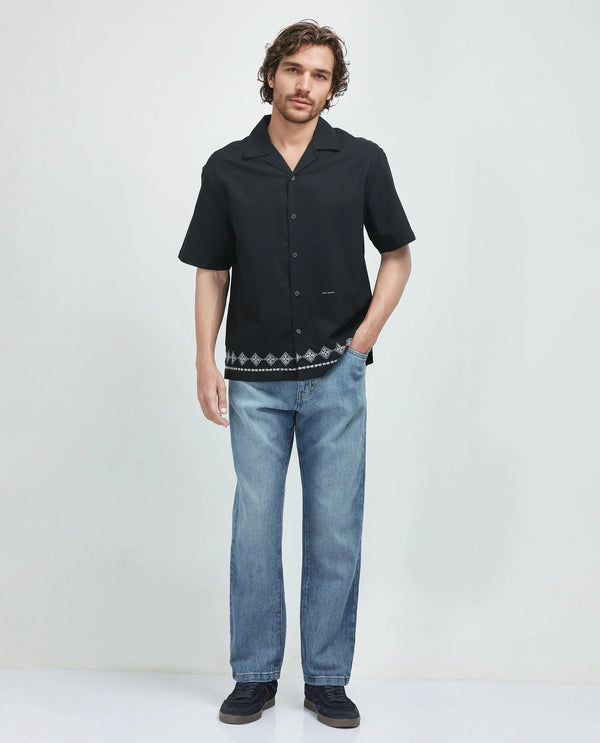 Rare Rabbit Men's Tirk Black Cotton Fabric Short Sleeve Collared Neck Button Closure Embroiderd Shirt