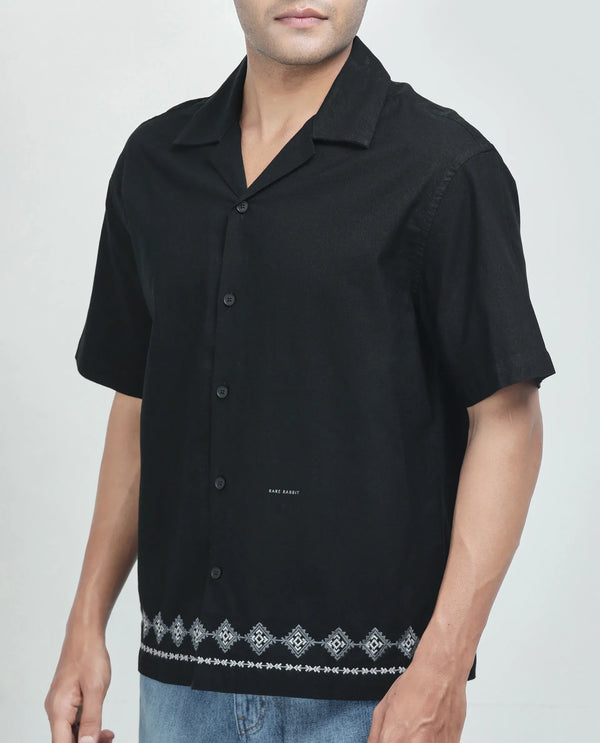 Rare Rabbit Men's Tirk Black Cotton Fabric Short Sleeve Collared Neck Button Closure Embroiderd Shirt