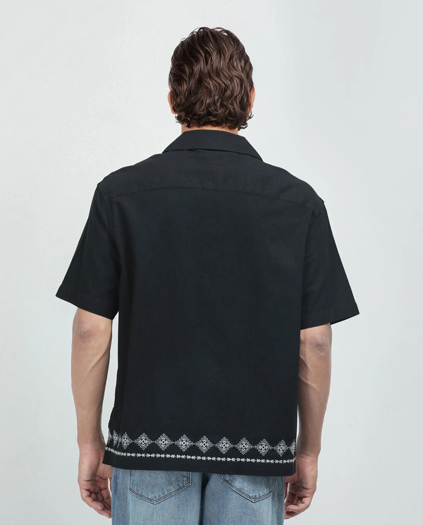 Rare Rabbit Men's Tirk Black Cotton Fabric Short Sleeve Collared Neck Button Closure Embroiderd Shirt