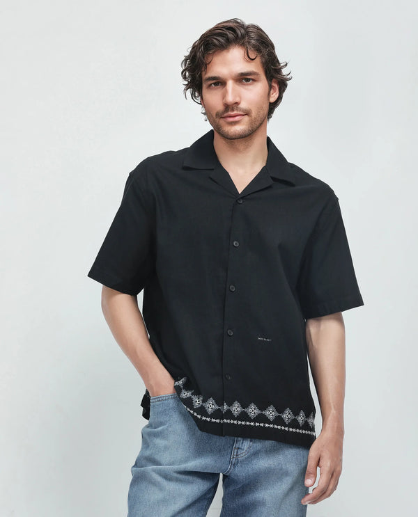 Rare Rabbit Men's Tirk Black Cotton Fabric Short Sleeve Collared Neck Button Closure Embroiderd Shirt