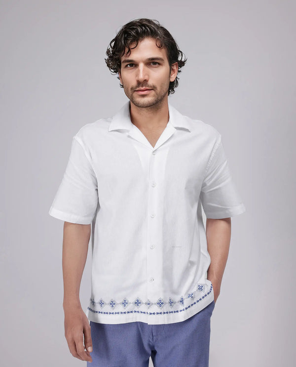 Rare Rabbit Men's Tirk White Cotton Fabric Short Sleeve Collared Neck Button Closure Embroiderd Shirt