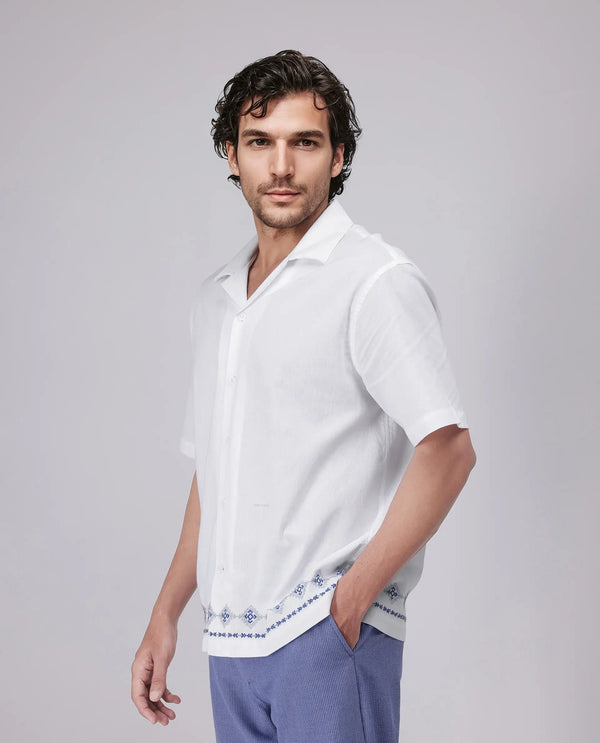 Rare Rabbit Men's Tirk White Cotton Fabric Short Sleeve Collared Neck Button Closure Embroiderd Shirt
