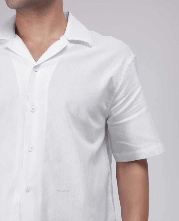 Rare Rabbit Men's Tirk White Cotton Fabric Short Sleeve Collared Neck Button Closure Embroiderd Shirt