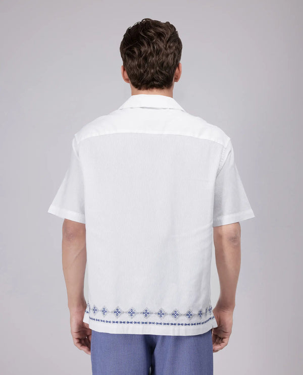 Rare Rabbit Men's Tirk White Cotton Fabric Short Sleeve Collared Neck Button Closure Embroiderd Shirt