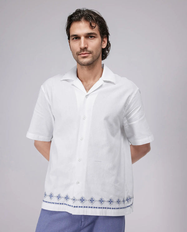Rare Rabbit Men's Tirk White Cotton Fabric Short Sleeve Collared Neck Button Closure Embroiderd Shirt