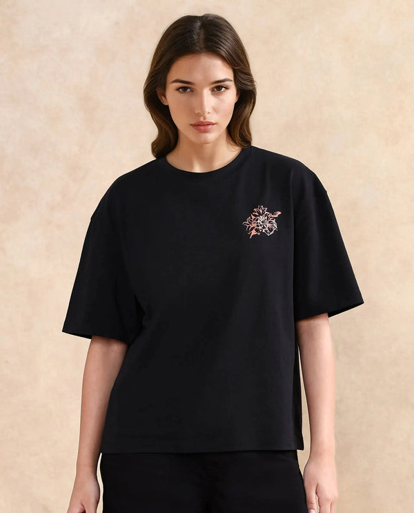 Rareism Women Trill Black Cotton Blend Fabric Short Sleeve Crew Neck Oversized Fit Graphic Print T-Shirt