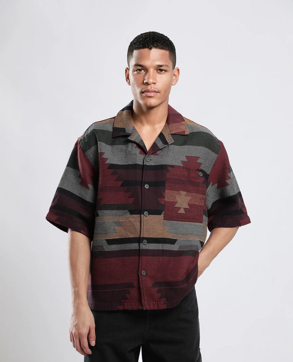 Rare Rabbit Men's Tri Maroon Cotton Fabric Short Sleeve Collared Neck Button Closure Jacquard Shirt