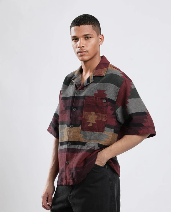 Rare Rabbit Men's Tri Maroon Cotton Fabric Short Sleeve Collared Neck Button Closure Jacquard Shirt