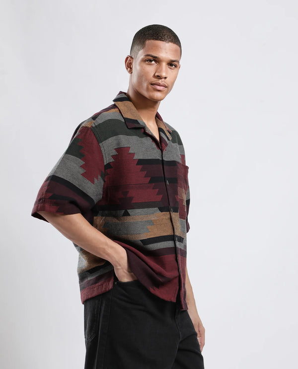 Rare Rabbit Men's Tri Maroon Cotton Fabric Short Sleeve Collared Neck Button Closure Jacquard Shirt
