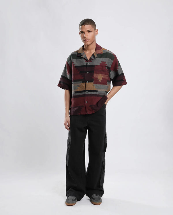 Rare Rabbit Men's Tri Maroon Cotton Fabric Short Sleeve Collared Neck Button Closure Jacquard Shirt
