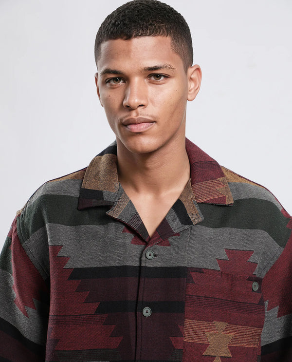 Rare Rabbit Men's Tri Maroon Cotton Fabric Short Sleeve Collared Neck Button Closure Jacquard Shirt