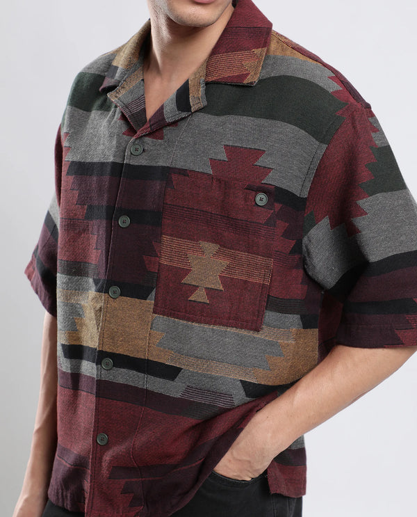 Rare Rabbit Men's Tri Maroon Cotton Fabric Short Sleeve Collared Neck Button Closure Jacquard Shirt