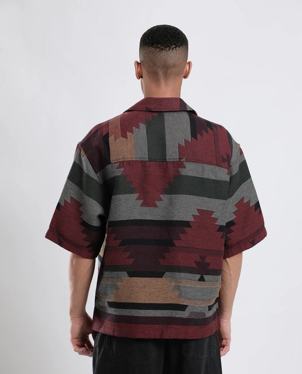 Rare Rabbit Men's Tri Maroon Cotton Fabric Short Sleeve Collared Neck Button Closure Jacquard Shirt