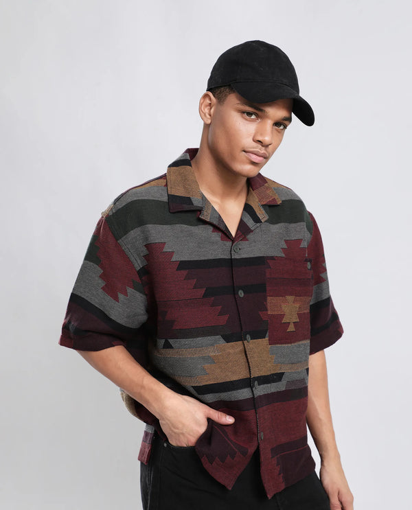 Rare Rabbit Men's Tri Maroon Cotton Fabric Short Sleeve Collared Neck Button Closure Jacquard Shirt