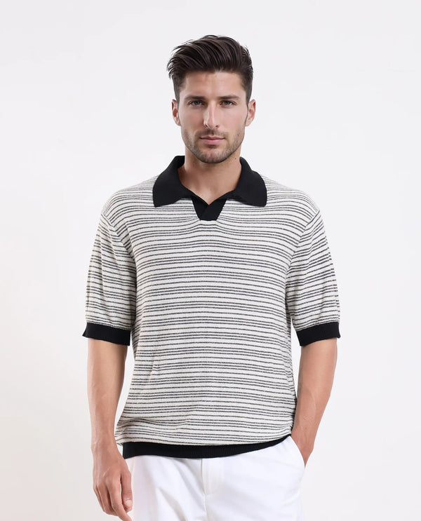 Rare Rabbit Men Trin Black Cotton Fabric Half Sleeve Spread Collar Button Closure Striped Polo