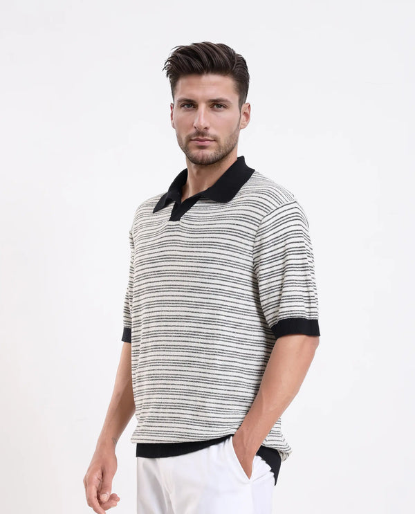 Rare Rabbit Men Trin Black Cotton Fabric Half Sleeve Spread Collar Button Closure Striped Polo