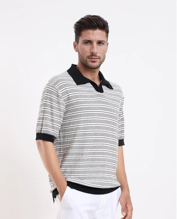 Rare Rabbit Men Trin Black Cotton Fabric Half Sleeve Spread Collar Button Closure Striped Polo