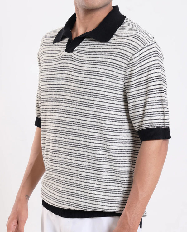Rare Rabbit Men Trin Black Cotton Fabric Half Sleeve Spread Collar Button Closure Striped Polo