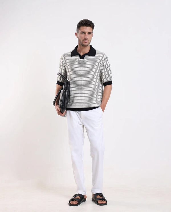 Rare Rabbit Men Trin Black Cotton Fabric Half Sleeve Spread Collar Button Closure Striped Polo