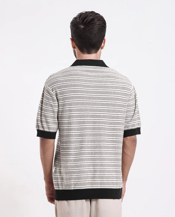 Rare Rabbit Men Trin Black Cotton Fabric Half Sleeve Spread Collar Button Closure Striped Polo