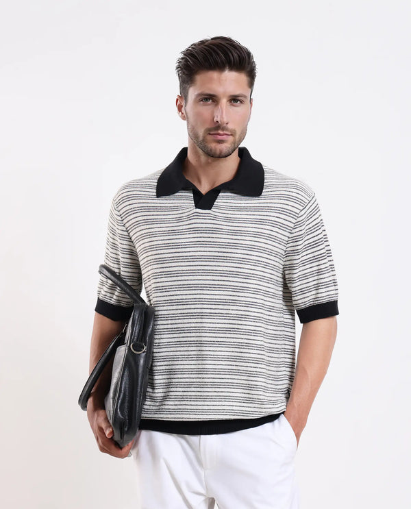 Rare Rabbit Men Trin Black Cotton Fabric Half Sleeve Spread Collar Button Closure Striped Polo