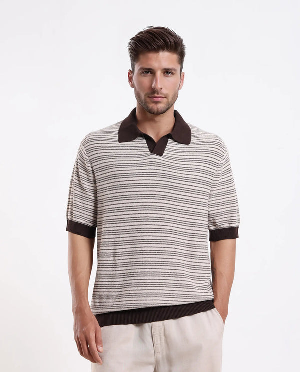 Rare Rabbit Men Trin Brown Cotton Fabric Half Sleeve Spread Collar Button Closure Striped Polo