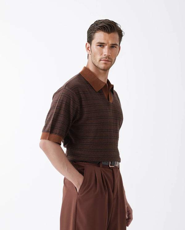 Rare Rabbit Men Trin Rust Cotton Fabric Half Sleeve Spread Collar Striped Polo