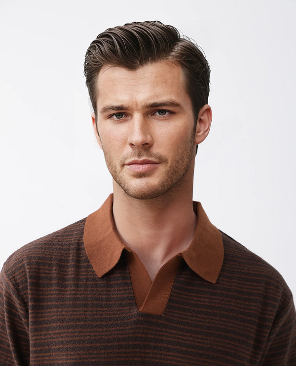 Rare Rabbit Men Trin Rust Cotton Fabric Half Sleeve Spread Collar Striped Polo