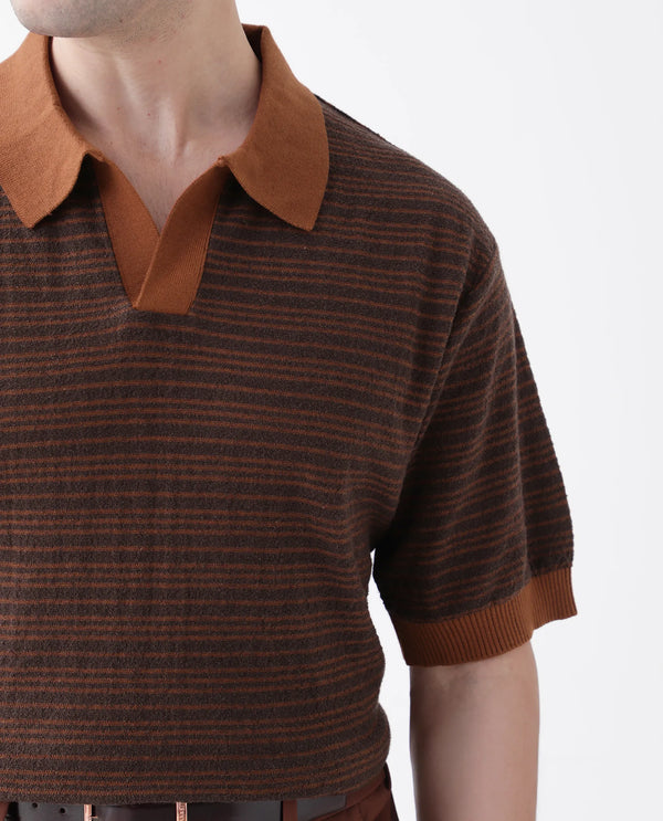 Rare Rabbit Men Trin Rust Cotton Fabric Half Sleeve Spread Collar Striped Polo