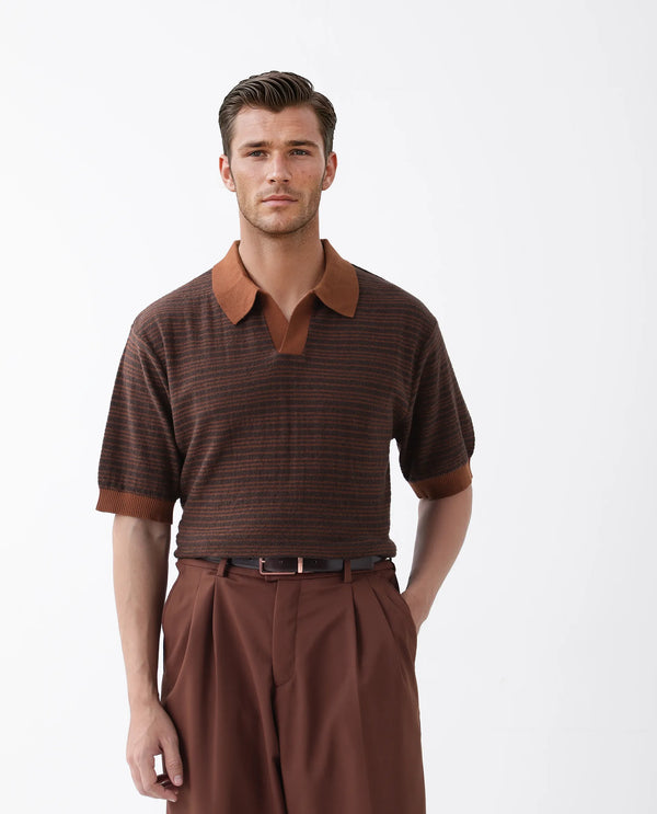 Rare Rabbit Men Trin Rust Cotton Fabric Half Sleeve Spread Collar Striped Polo