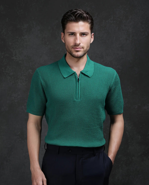 Rare Rabbit Men's Tris Green Cotton Fabric Half Sleeve Spread Collar Zipper Closure Regular Fit Plain Polo