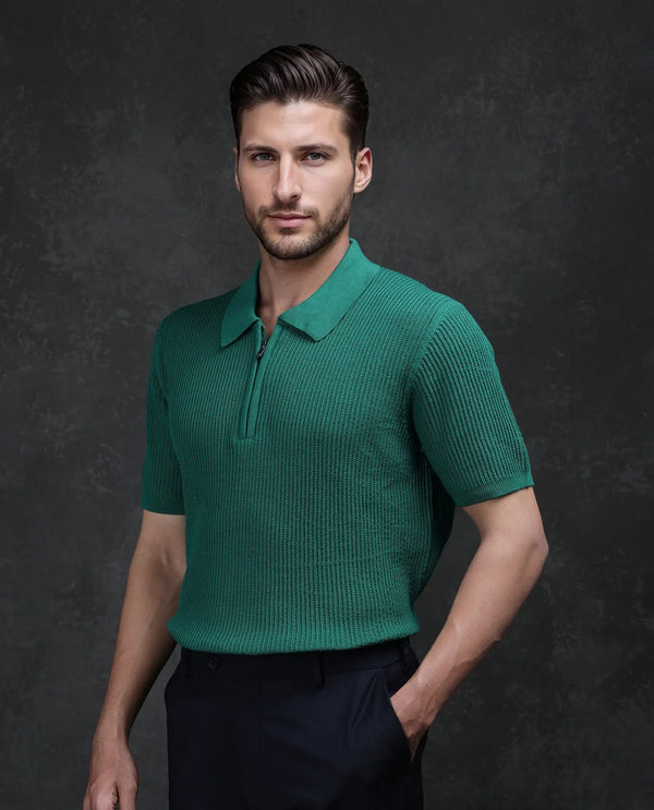 Rare Rabbit Men's Tris Green Cotton Fabric Half Sleeve Spread Collar Zipper Closure Regular Fit Plain Polo