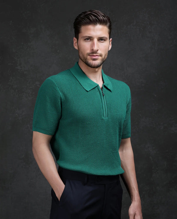 Rare Rabbit Men's Tris Green Cotton Fabric Half Sleeve Spread Collar Zipper Closure Regular Fit Plain Polo