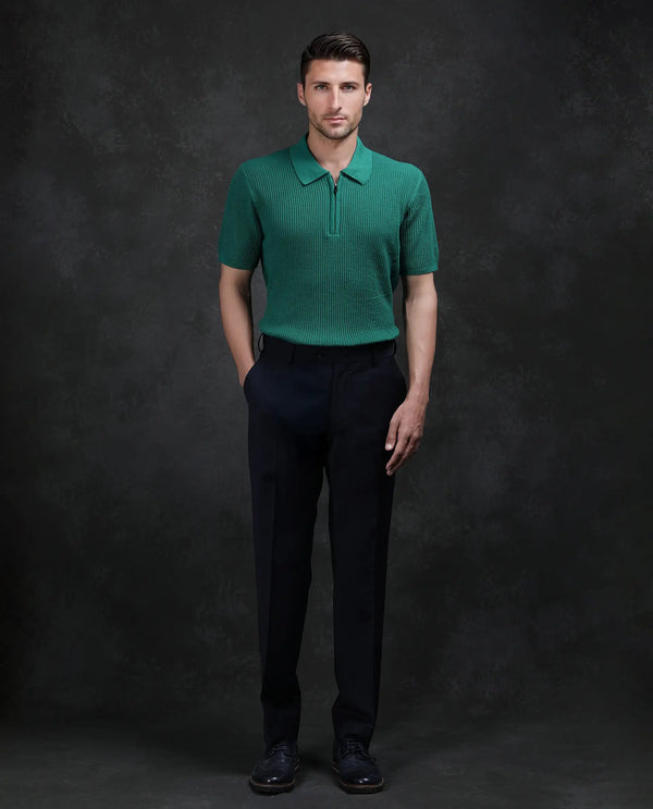 Rare Rabbit Men's Tris Green Cotton Fabric Half Sleeve Spread Collar Zipper Closure Regular Fit Plain Polo