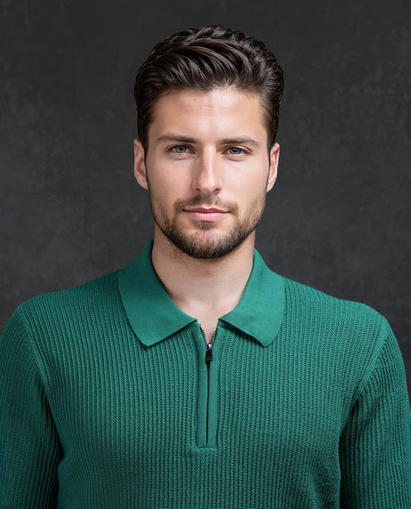 Rare Rabbit Men's Tris Green Cotton Fabric Half Sleeve Spread Collar Zipper Closure Regular Fit Plain Polo