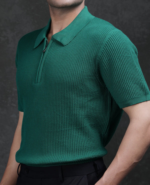 Rare Rabbit Men's Tris Green Cotton Fabric Half Sleeve Spread Collar Zipper Closure Regular Fit Plain Polo