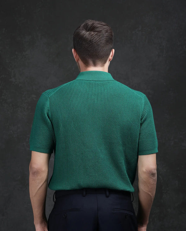 Rare Rabbit Men's Tris Green Cotton Fabric Half Sleeve Spread Collar Zipper Closure Regular Fit Plain Polo